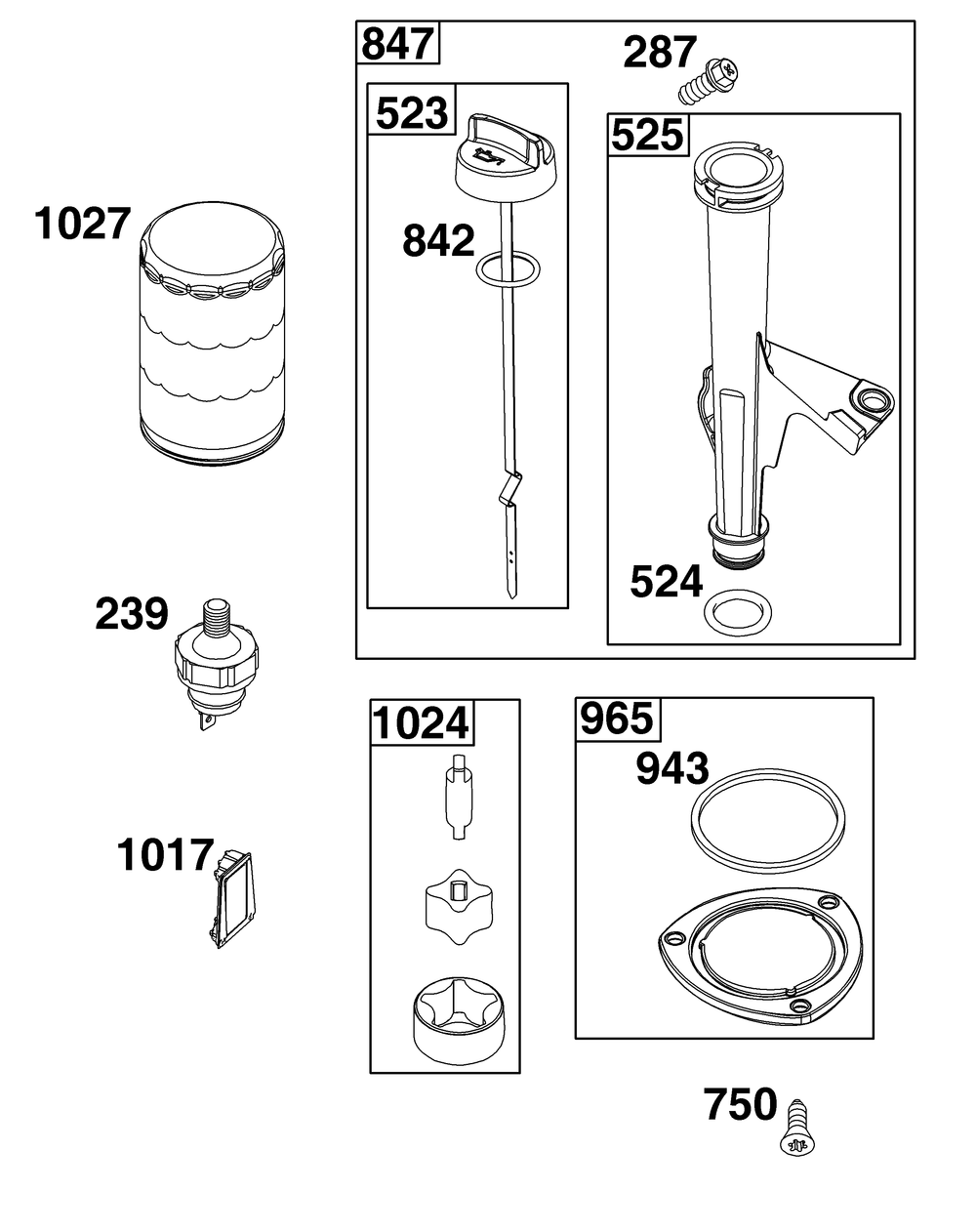 Lubrication Group Diagram and Parts List for 40R677-0007-B5 400000 - 699999 Briggs and Stratton Engine